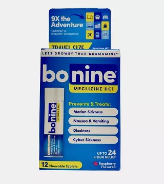 Bonine Motion Sickness and Nausea Relief Travel Pack, Chewable Tablets, Raspberry, 12 Count
