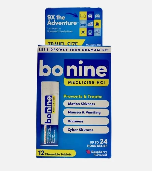 Bonine Motion Sickness and Nausea Relief Travel Pack, Chewable Tablets, Raspberry, 12 Count