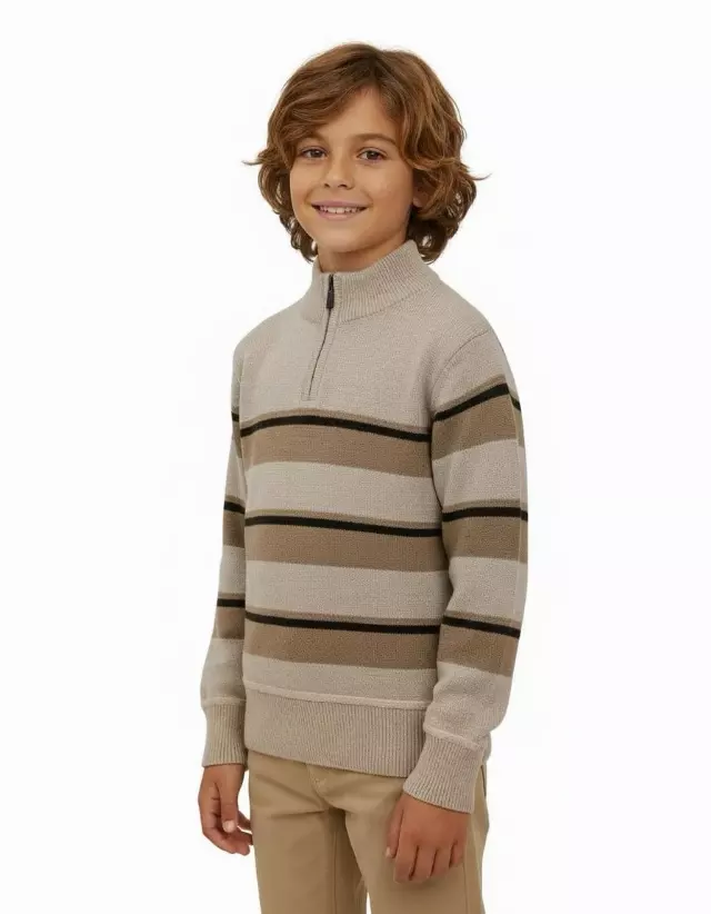Little Boys' Striped Quarter Zip Sweater W26-4 — 4-5-6-7 / W05 Tan
