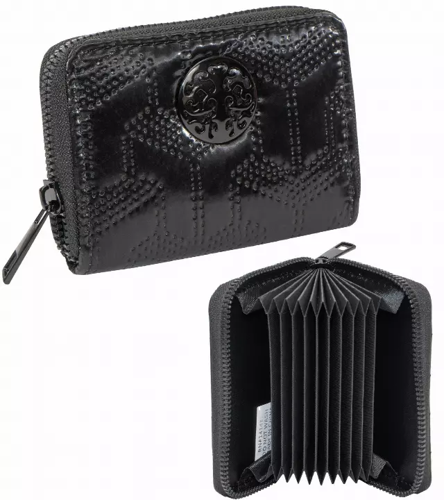 Rebecca & Rifka Patent Geometric Quilt Medallion Zip Accordion Wallet — BK/BK