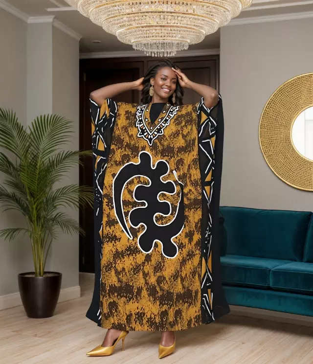 PNA-1612 - Women's Comfy Kaftan Dress with Headwrap- One Size (6-PCS PRE-PACK) - $7 Each — One Size (4-24) / Print-1612A