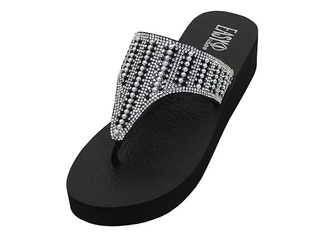W388L - Women's "Easy USA" Rhinestone Upper Wedge Eva Sandals — Black/Silver (W388L-BS) / 6-11 Assorted