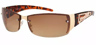 Rimless Shield Sunglasses with Tortoise Shell Temples & Gold Script Detail J0793