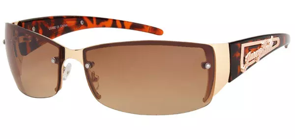 Rimless Shield Sunglasses with Tortoise Shell Temples & Gold Script Detail J0793