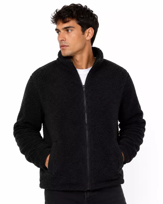 Men's Full-Zip Sherpa Fleece Jacket #J13 — Black / S-M-L-XL-2X