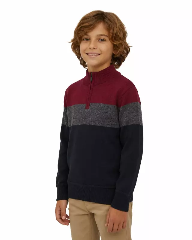 Little Boys' Striped Quarter Zip Sweater W26-4 — 4-5-6-7 / W163 Burgundy