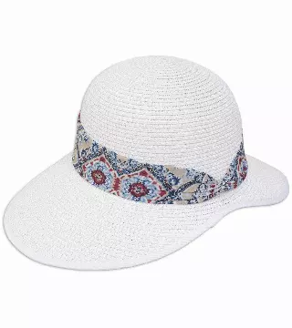 Magid Geometric Print Ribbon Straw Garden Hat — WHITE