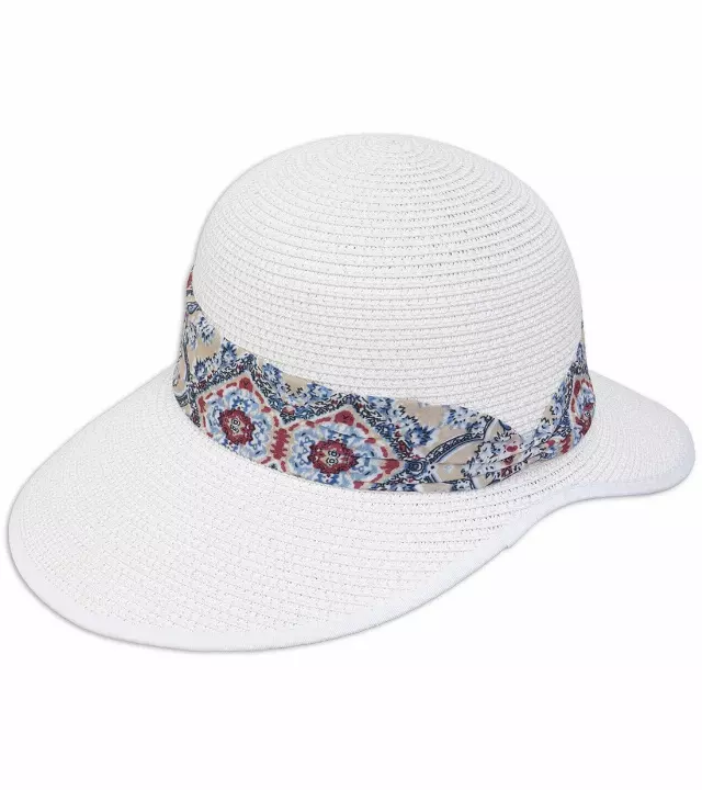 Magid Geometric Print Ribbon Straw Garden Hat — WHITE