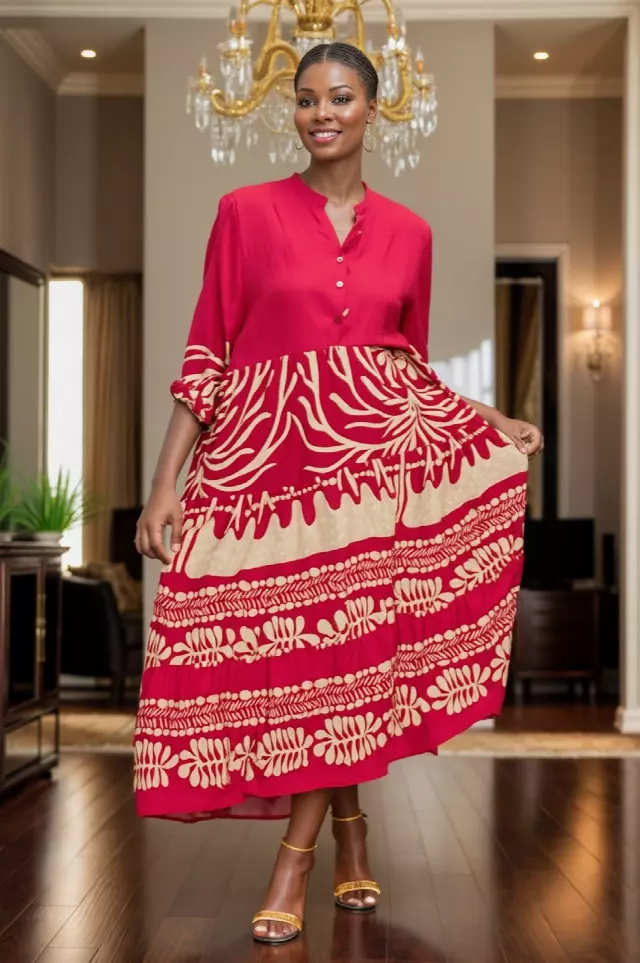 25052- Women's Ankle Length Solid & Printed Elegant Dress - $25.00 Each (3 pcs per pack) — Free Size / Print-25052-RED