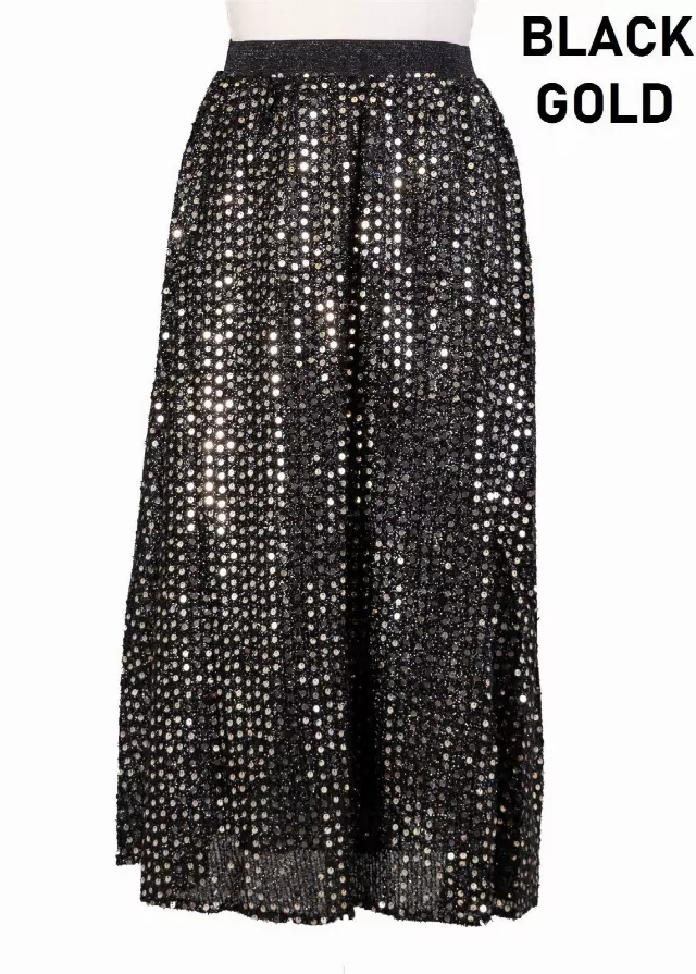 CHH-19014-17 - Women's Sequin Skirt High Waist Sparkle Party Cocktail Skirt (3-PCS PRE-PACK) — One Size / Black/Gold / 3-Pcs Per Pack