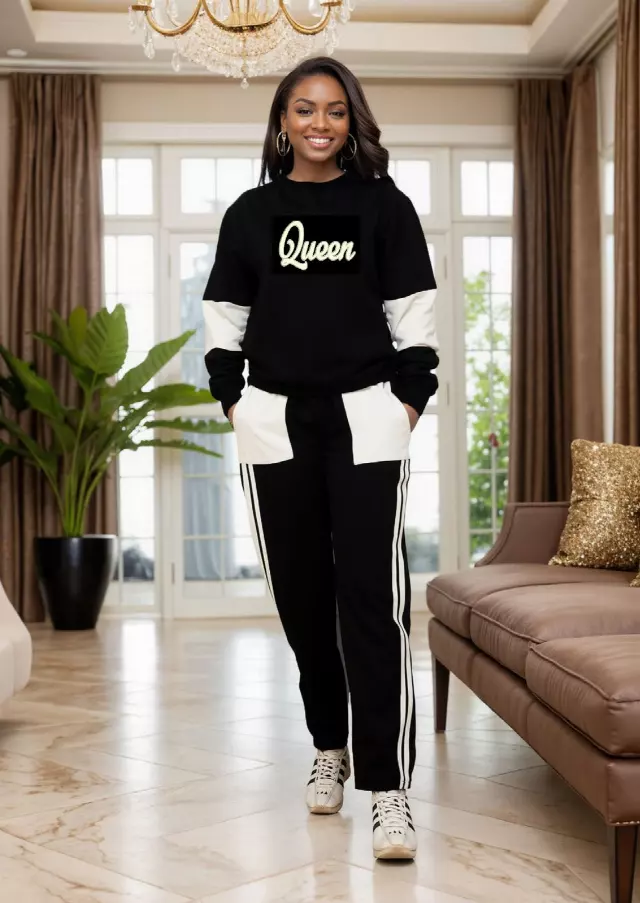 NLM-FL05 - 2-Pcs "QUEEN" Top & Striped Pant Set - $30.00 Each (3 pcs per pack) — Black/Cream
