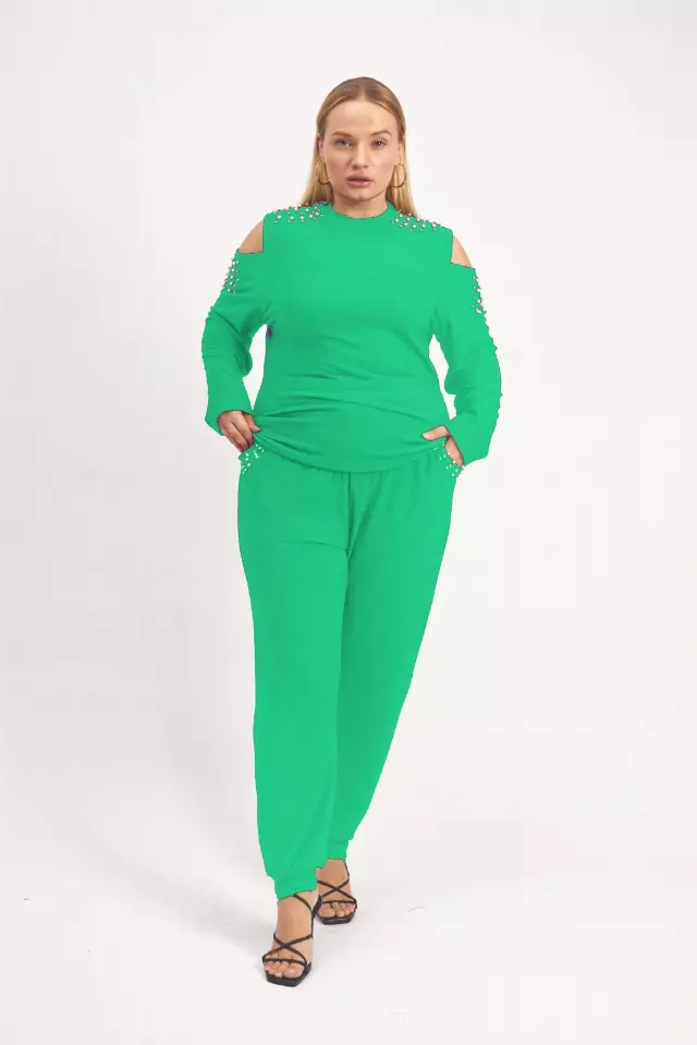 24029 -Cold Shoulder Pearl & Long Sleeves 2-Pcs Set - $25.00 Set (3 pcs per pack) — Plus - 1X 2X 3X / Green