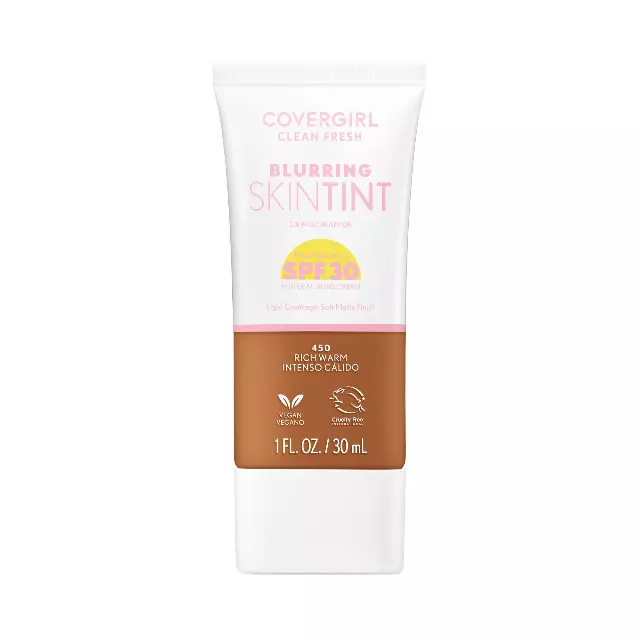 COVERGIRL Clean Fresh Blurring Skin Tint with SPF 30, 450 Rich Warm, Liquid Foundation, Soft Matte Finish, Smooths, Brightens, Blurs Pores, Mineral Sunscreen, Vegan Formula