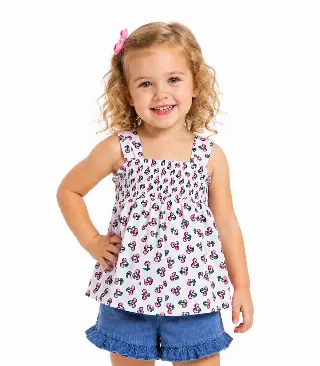 GIRLS PINK Smoked Yoke Top And Denim Short With Ruffle - 2176502