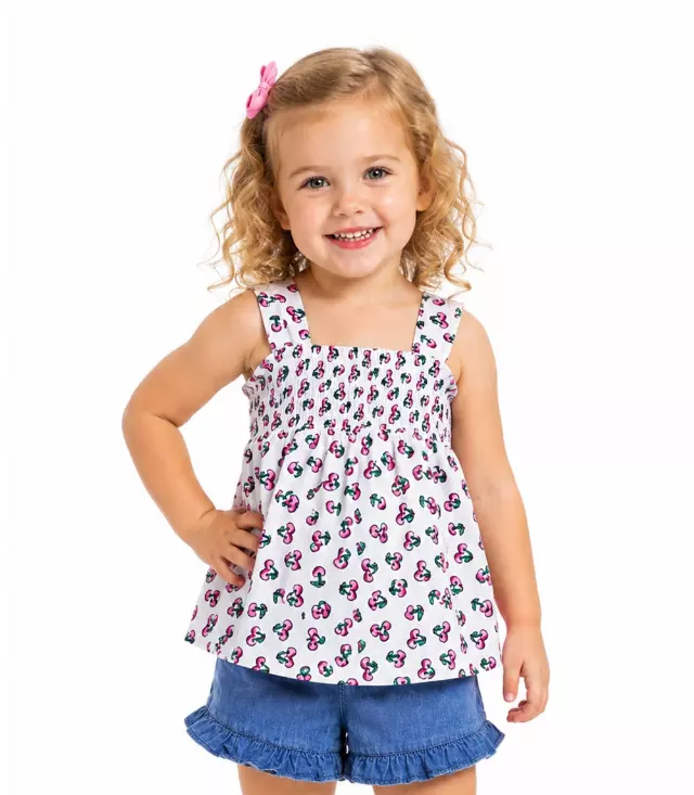 GIRLS PINK Smoked Yoke Top And Denim Short With Ruffle - 2176502