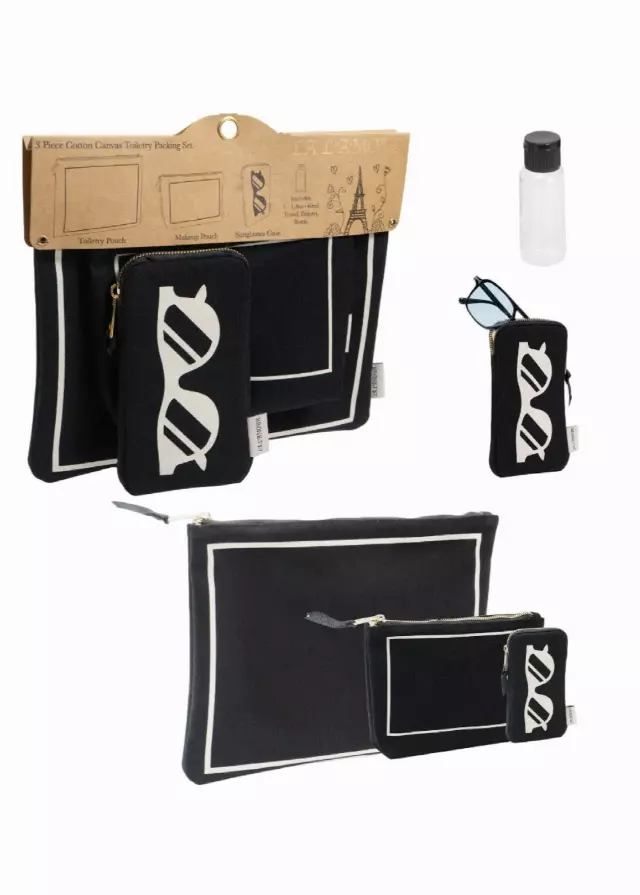 La L'Amour 16oz Cotton Canvas 3 Piece Toiletry Packing Set With Sunglasses Case — 100-BLK