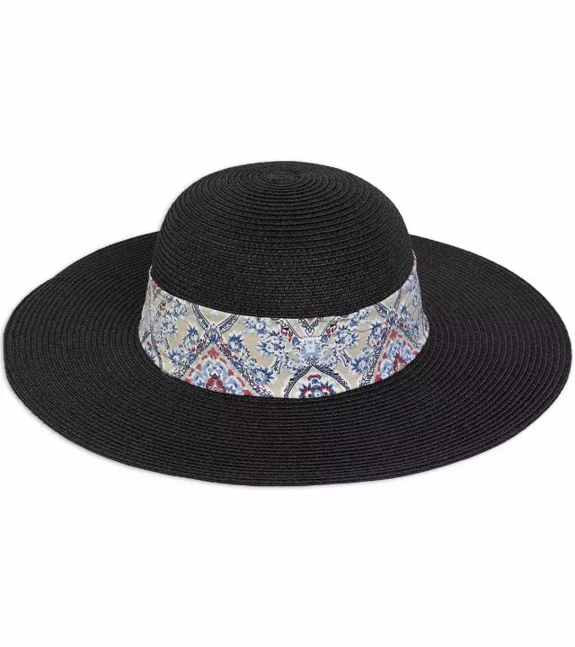 Magid Geometric Print Ribbon Straw Floppy Hat — BLACK