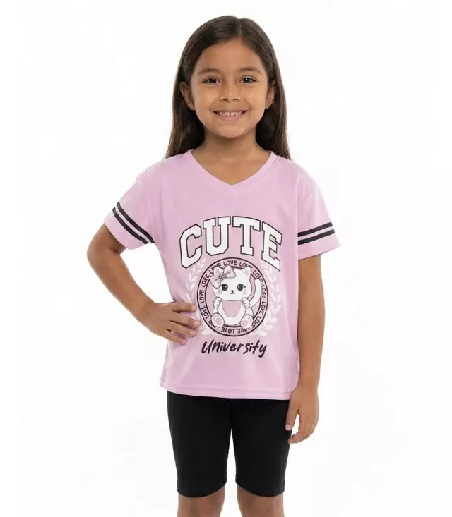 GIRLS PINK Oversized T-Shirt Cute Kitty Cat Screen Top and Biker Legging - 2269404
