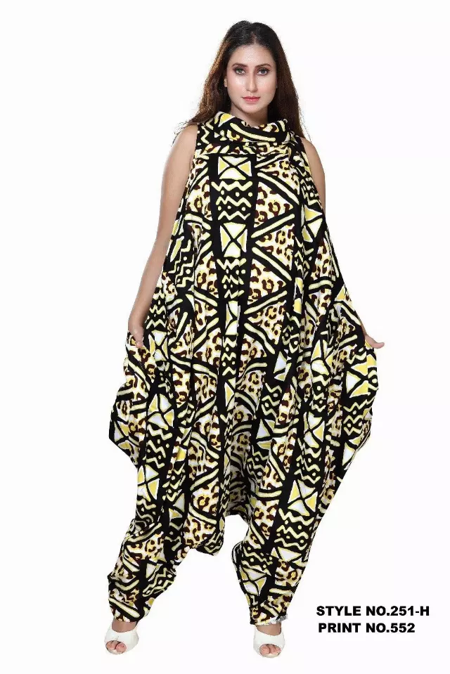 251 H- 100% Heavy Cotton Cow Neck African Wax Jumpsuit (3 PCS PRE-PACK) - $37.00 Each — One Size (4 - 26) / Print-552