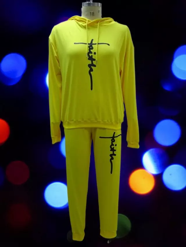 22125 -2 pcs Faith Jogging Suit -Lots of Colors Available- $25.00 Set (3 pcs per pack) — Reg - M L XL / Yellow