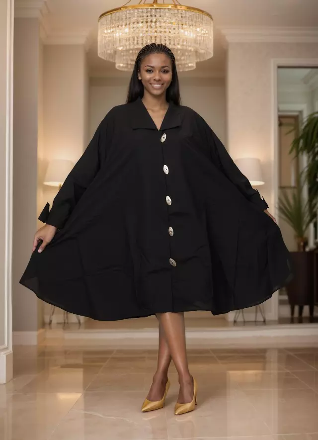 243 - Big Button Down Solid Colors Authentic African Tunic Dress (3 PCS PRE-PACK) - $25.00 EACH — One Size (4 - 24) / Black