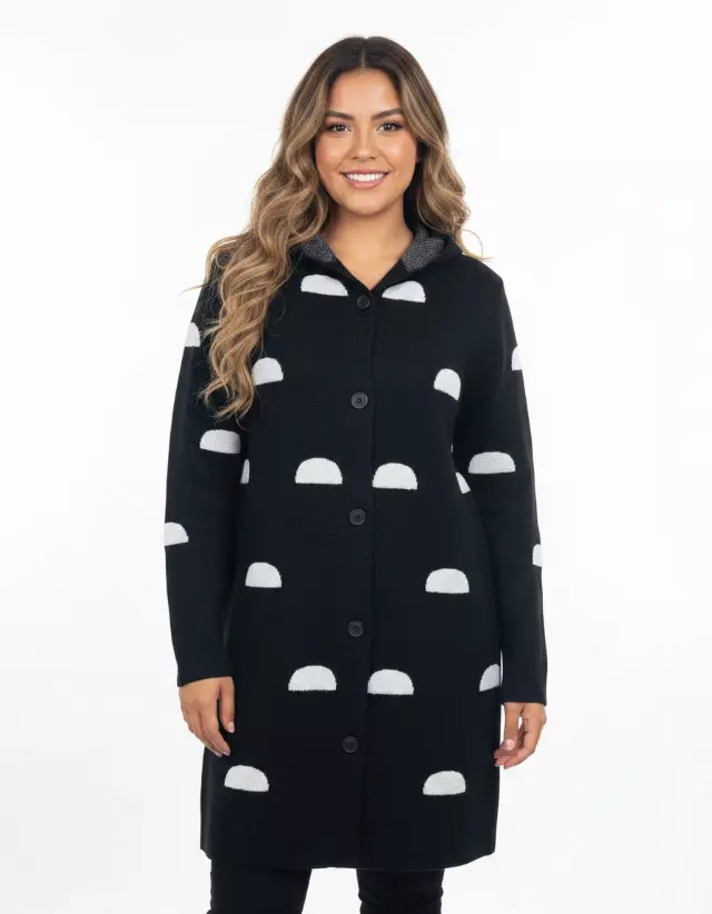 Button-Down Cardigan With Half-Moon Pattern — Black / S-M-L-XL-2XL