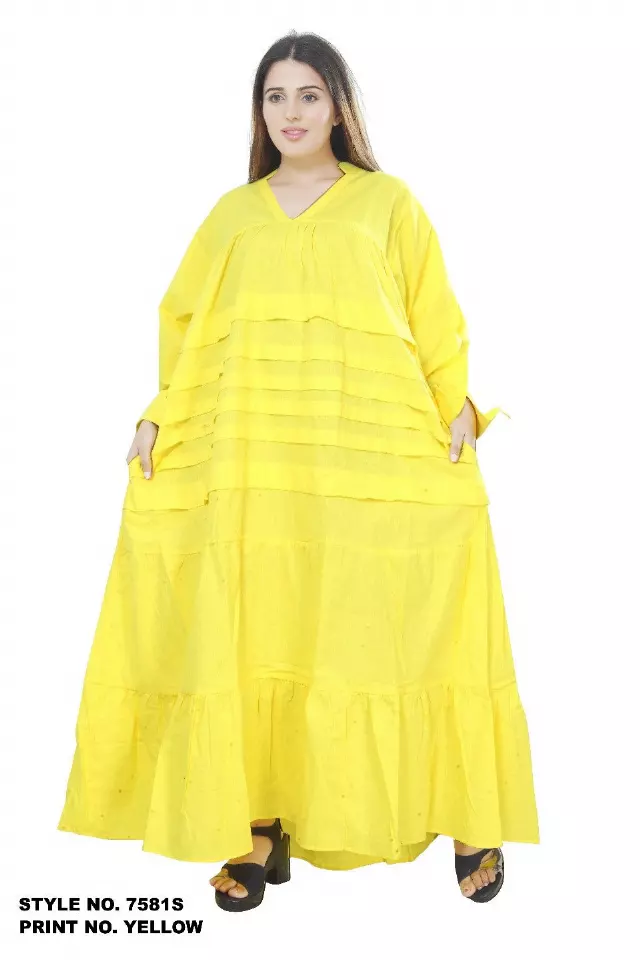 7581S - 100% COTTON SOLID COLOR PLEATED BOTTOM FRILL MAXI DRESS (3 PCS PRE-PACK) - $30.00 EACH — One Size (4-24) / Yellow