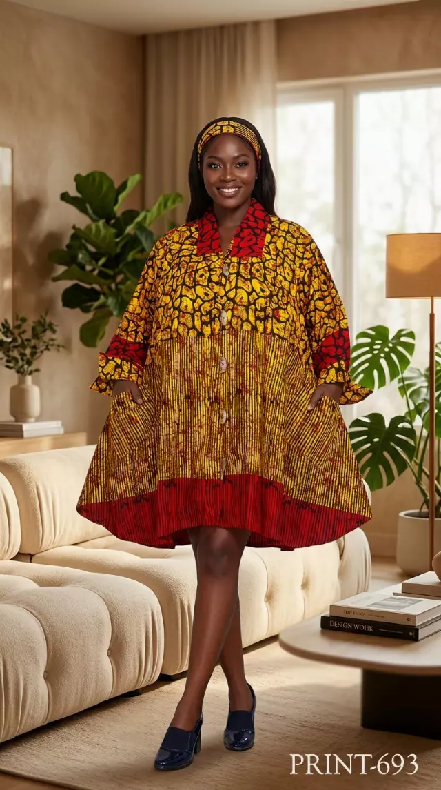 243 - NEW PRINT ALERT Big Button Authentic African Tunic Dress (3 PCS PRE-PACK) - $25.00 EACH — One Size (4 - 24) / Print-693