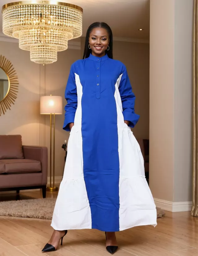 7907- Women's Ankle Length Button Down Pocketed Dress - $25.00 Each (3 pcs per pack) — Free Size / Royal/White