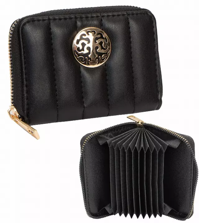 Rebecca & Rifka Smooth Tubular Quilt Medallion Zip Accordion Wallet — BK/GD