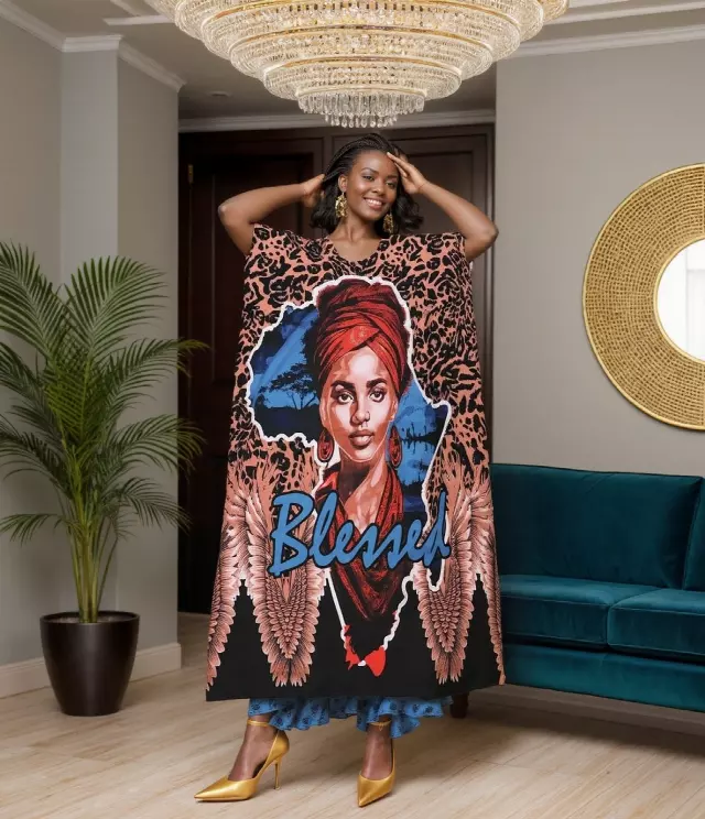 PNA-1615 - Women's Comfy Kaftan Dress with Headwrap- One Size (6-PCS PRE-PACK) - $7 Each — One Size (4-24) / Print-1615A