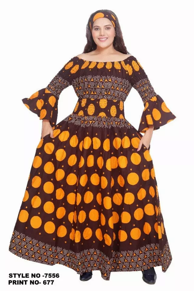 7556 -NEW PRINTS ALERT!!!! Off Shoulder Maxi Dress in Ankara Prints - $25.00 Each (3 pcs per pack) — Free Size / Print-677