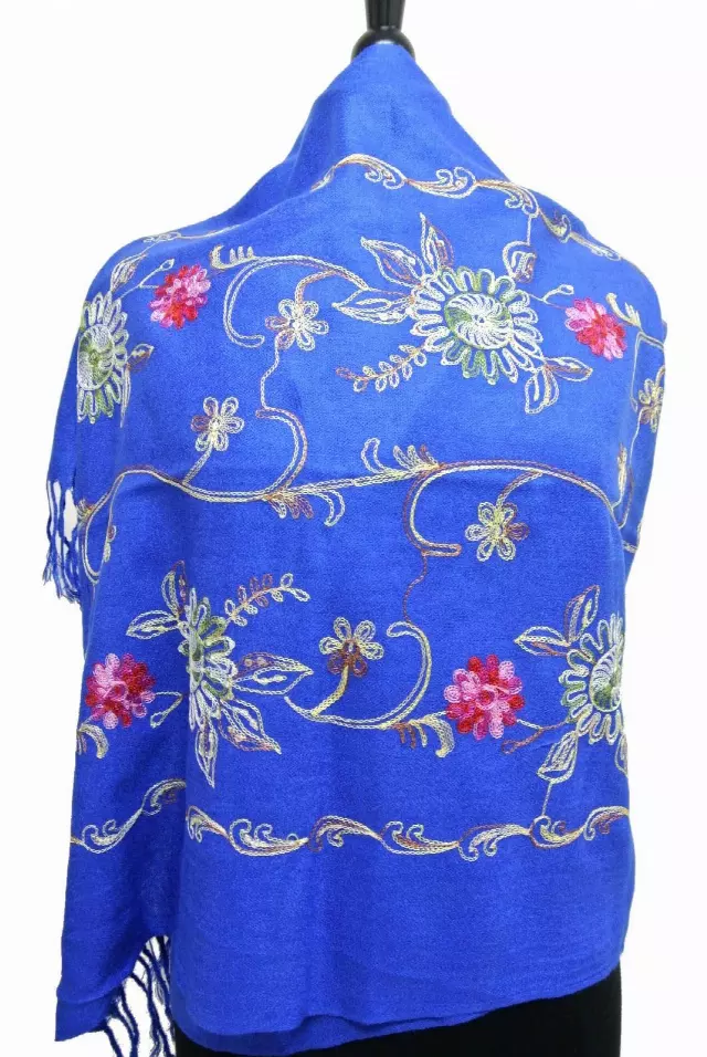 G106 Embroidered Floral Sequin Pashmina — Royal Blue