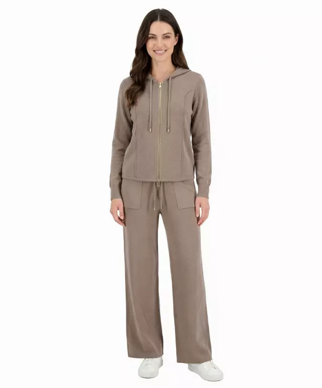 Knit Zip-Up Hoodie & Wide-Leg Lounge Set #104 — Taupe / S/M-L/XL