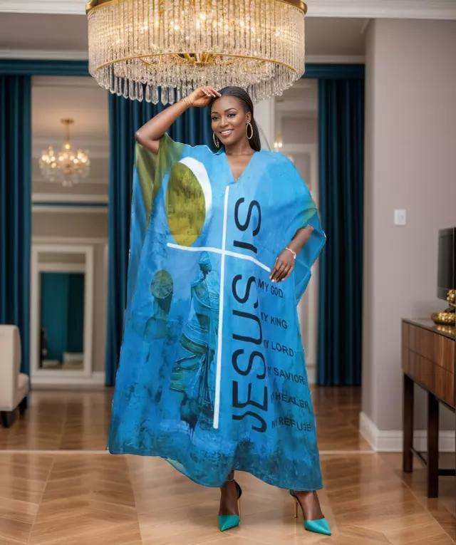 PNA-1527 - Women's Colorful Lady Face Print With Verbiage JESUS Kaftan Dress - One Size (6-PCS PRE-PACK-$7 Each) — One Size (4-24) / Print-1527B