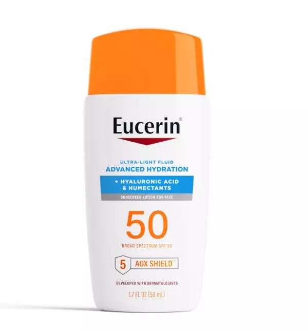 Eucerin Sun Advanced Hydration Ultra-Lightweight Face Sunscreen SPF 50 with Hyaluronic Acid & Humectants, Hydrating Sunscreen for Face, Non Comedogenic and Hypoallergenic, 1.7 Fl Oz Bottle