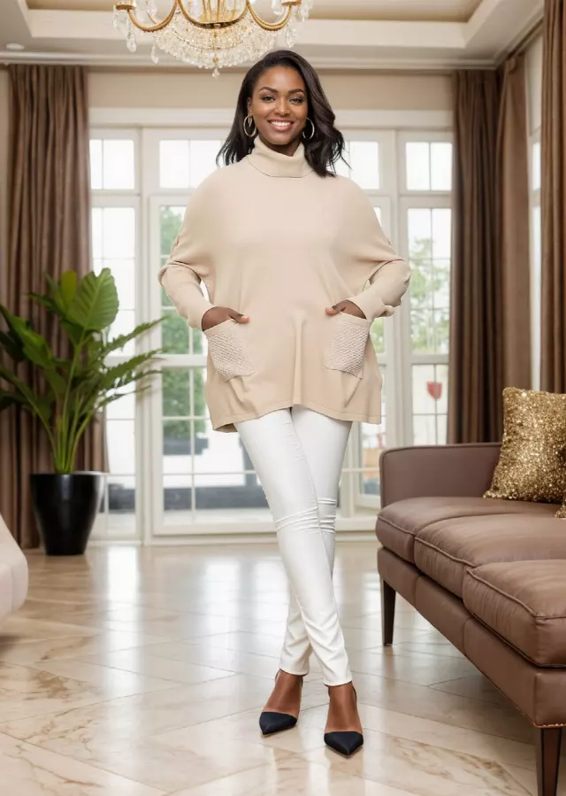 25012 - Women's Turtle-Neck Gorgeous Sweater With Pockets (3-PCS PRE-PACK) ($18.00 Each) — Cream / One Size Fits Most
