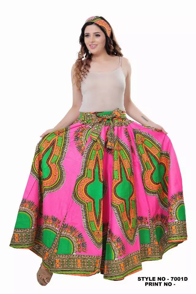 7001D - 8 Panel Dashiki Print Skirt - Authentic African Wax (3-PCS PRE-PACK) - $25 Each — One Size (4-18) / PINK/GREEN / 3-Pcs Per Pack