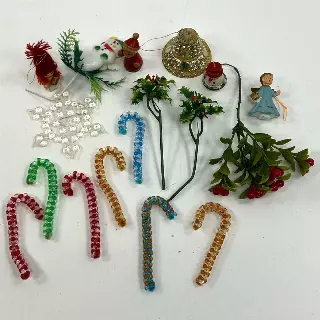 Vintage Christmas Decor Lot Candy Canes Figurines Snowflake Holly Picks