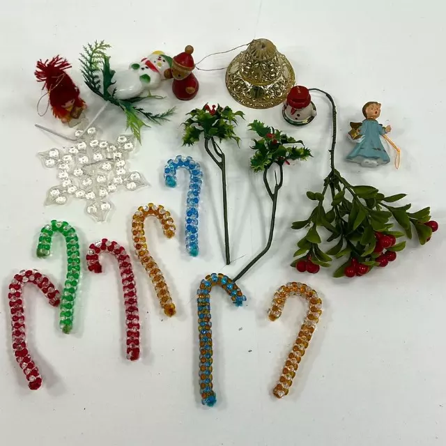 Vintage Christmas Decor Lot Candy Canes Figurines Snowflake Holly Picks