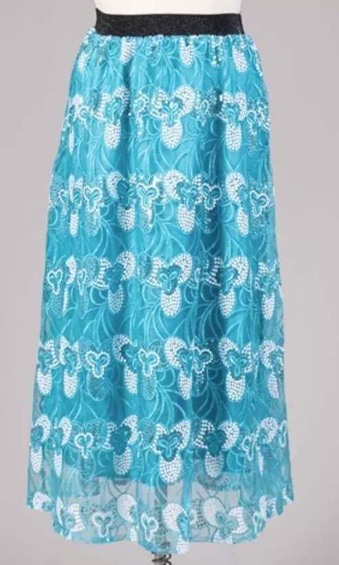 19014 - Aqua Blue Flower Print Sequin Skirt (3/pk) - Free Size and Plus Size - $20.00 Each — Free Size / Aqua Blue