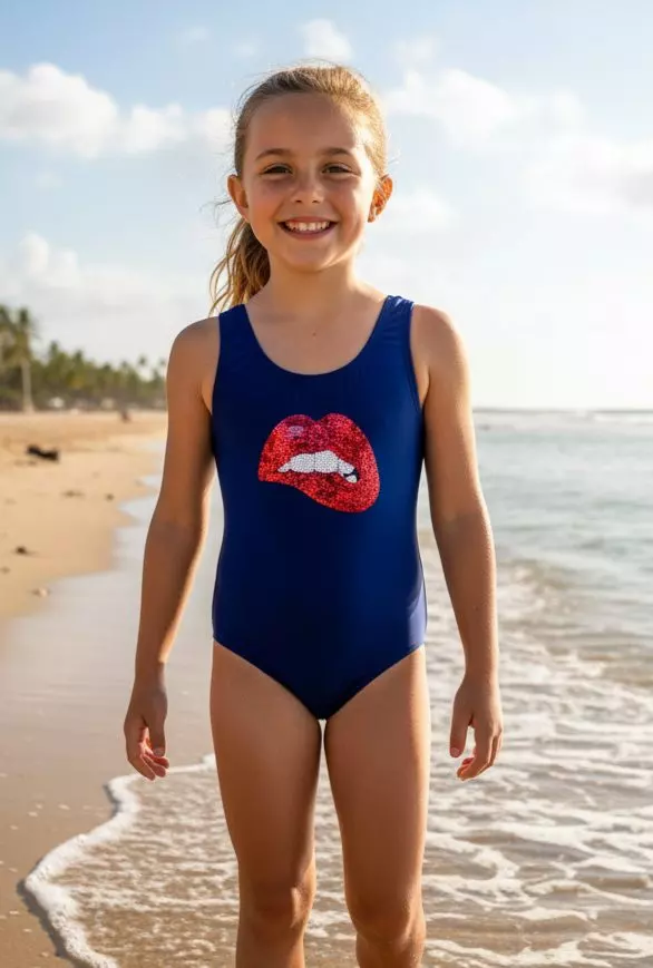H2242 Kids Cheeky Smiles Sequin Swimsuit — Navy / 14