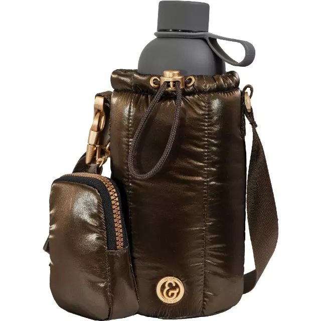 Joan & David Tubular Quilted Metallic Water Bottle Holder Sling Bag — 358-METALLIC CHOCOLATE