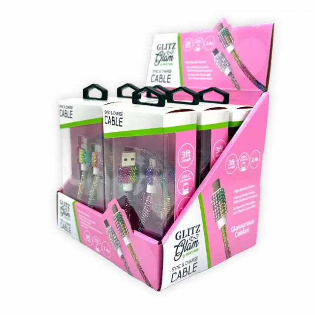 Glitz N Glam 3FT 2.4Amp USB-to-USB-C Cable - 6 Pieces Per Retail Ready Display 25948