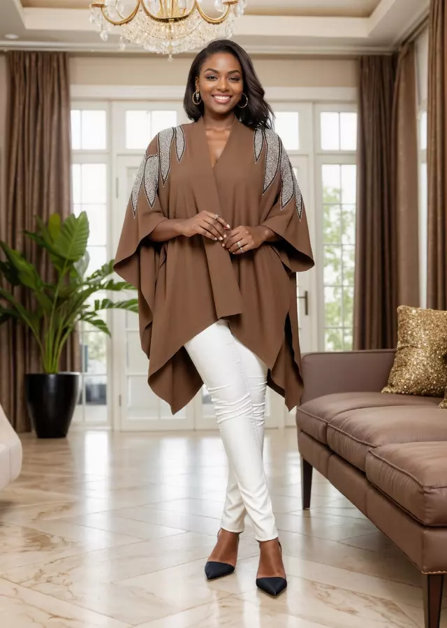 25023 - Women's Embellished Front Open Soft-Feel Poncho - $49.00 Each — Free Size / Brown