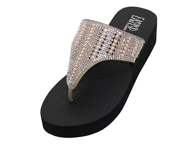 W388L - Women's "Easy USA" Rhinestone Upper Wedge Eva Sandals — Rose Gold (W388L-RG) / 6-11 Assorted