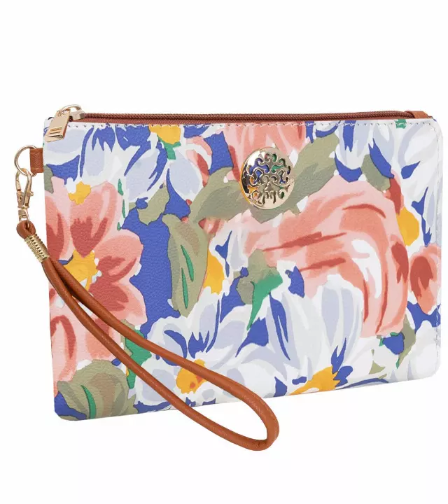 Rebecca & Rifka Floral Print Medallion Zip Wristlet