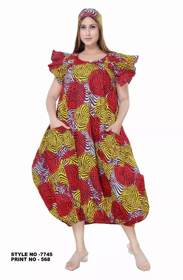 7745- Ankara Dress with Pleated Sleeve - $25.00 Each — Free Size / Print-568