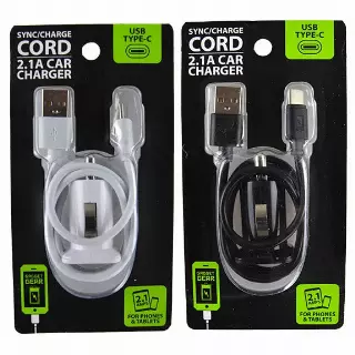 Car Charger with USB to USB-C Charging Cable Set 2.1 Amp - 2 Pieces Per Pack 22451