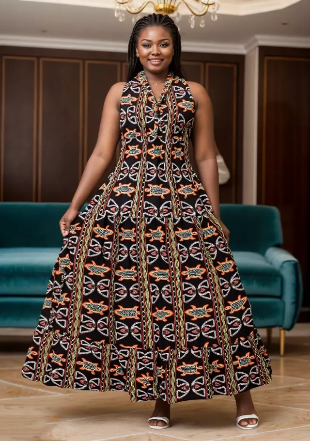 5005 - NEW PRINT ALERT!!! Three Button Authentic African Long Dress (3 PCS PRE-PACK) - $20.00 EACH — One Size (4 - 24) / Print-663
